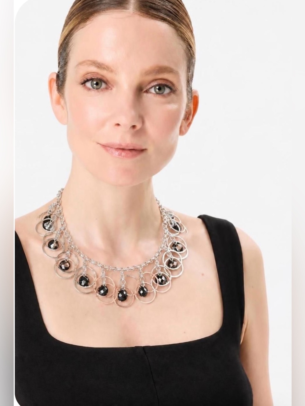 White House Black Market Fringe Silver Tone Black Beaded Necklace 17-19"
